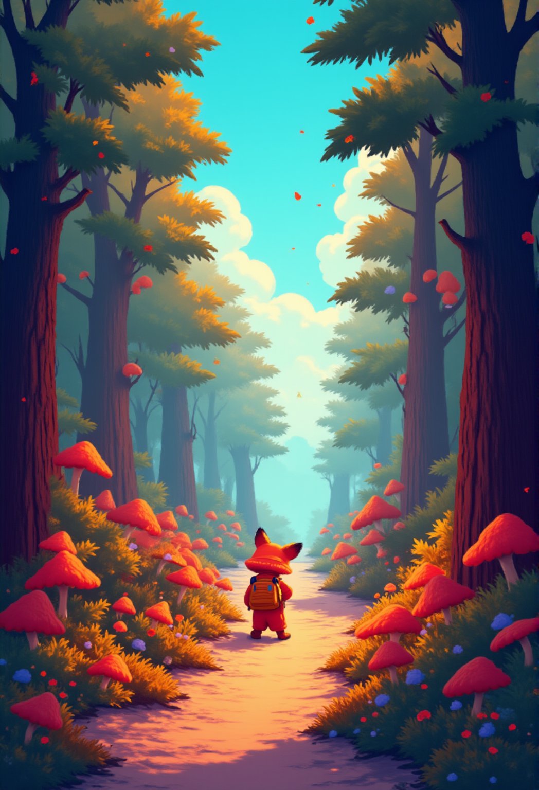 An illustration of a lively forest filled with colorful, smiling animals like rabbits, birds, and squirrels. A small cartoon fox wearing a backpack leads the way through the trees, with oversized mushrooms and glowing fireflies lighting up the path. The trees have exaggerated, curly branches, and the sky is a soft, pastel blue..cartoonish 3D painting