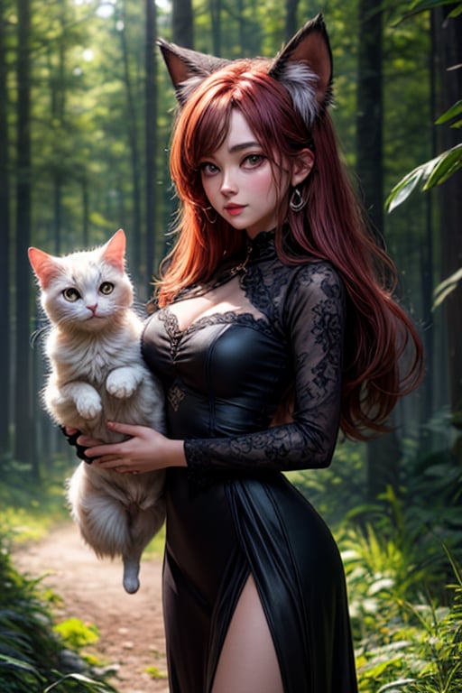 best quality, detailed face, full figure, a half-hybrid girl holding a cat, she has ears like a cat and a tail like a cat, the rest of her body is human, she has beautiful red hair, a beautiful symmetrical face with an innocent cut, she is in the forest, she has beautiful black eyes, wearing a elegant black long dress, she is with other animals, glowing particle,
symmetrical, vibrant, style artwork, highly detailed CG, 8k wallpaper, beautiful face, full scene, full body shape