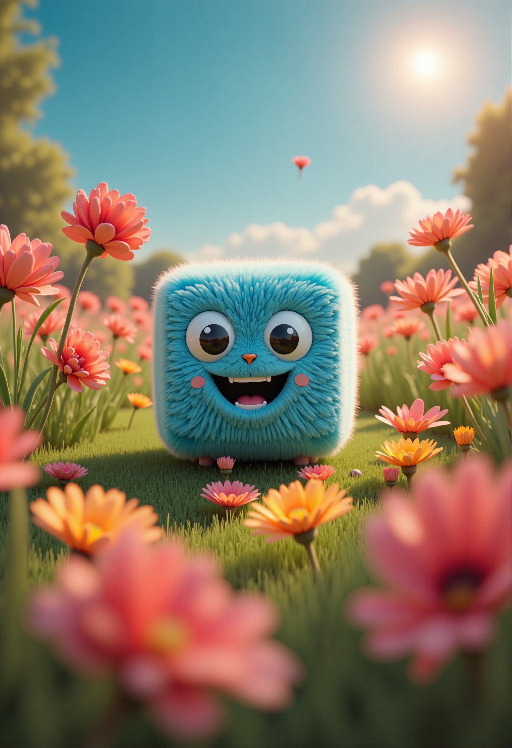 TenTen cube mascot radiates joy amidst a vibrant bouquet of colorful flowers in a lush meadow. From a low-angle perspective, the camera captures the mascot's beaming smile as they sit among the blooms, surrounded by soft focus petals and gentle greenery.,Anime 3D CGI-ABM