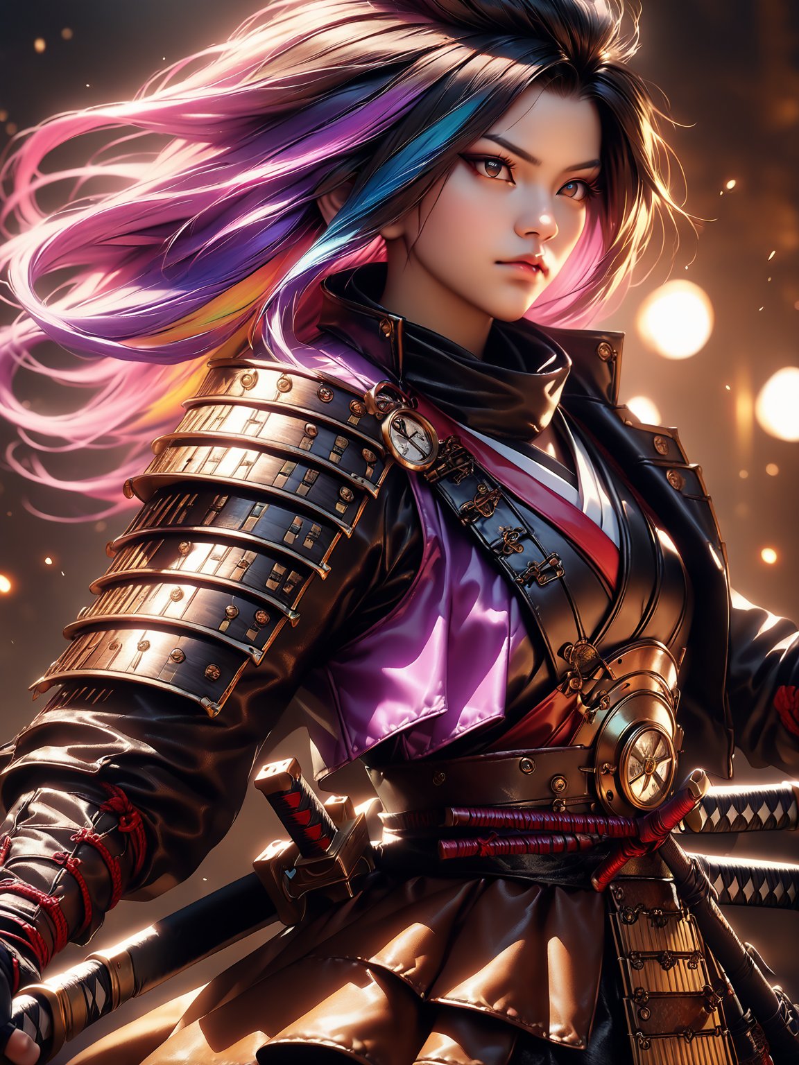 Very beautiful steampunk samurai women, (((with multicolors hair))), steampunk samurai outfit and weapon, masterpiece, dramatic, best quality, Detailed and ultra realistic, sharp focus, studio lighting, High resolution, High detail, remarkable color,BcyPgA, samurai