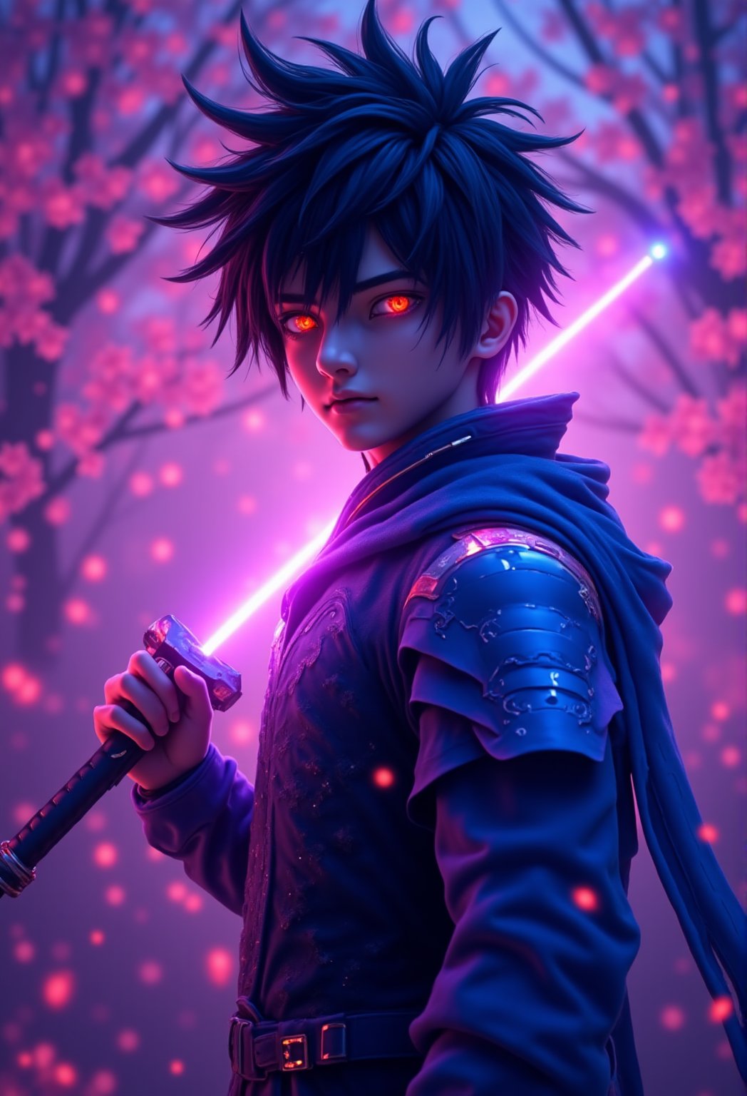 A majestic young man with striking red eyes and spiky black hair stands confidently, illuminated by studio lighting, amidst a whimsical atmosphere. He dons glowing blue and purple armor, its delicate plates glistening in the twilight. Neon Cherry blossoms gently float down from above, blending seamlessly with the foggy backdrop. His face turns towards the viewer, radiating an air of mystery. Holding his sword with electrical arcing, he exudes elegance and power, set against a photorealistic background that transports us to a fantastical realm.Anime 3D CGI-ABM