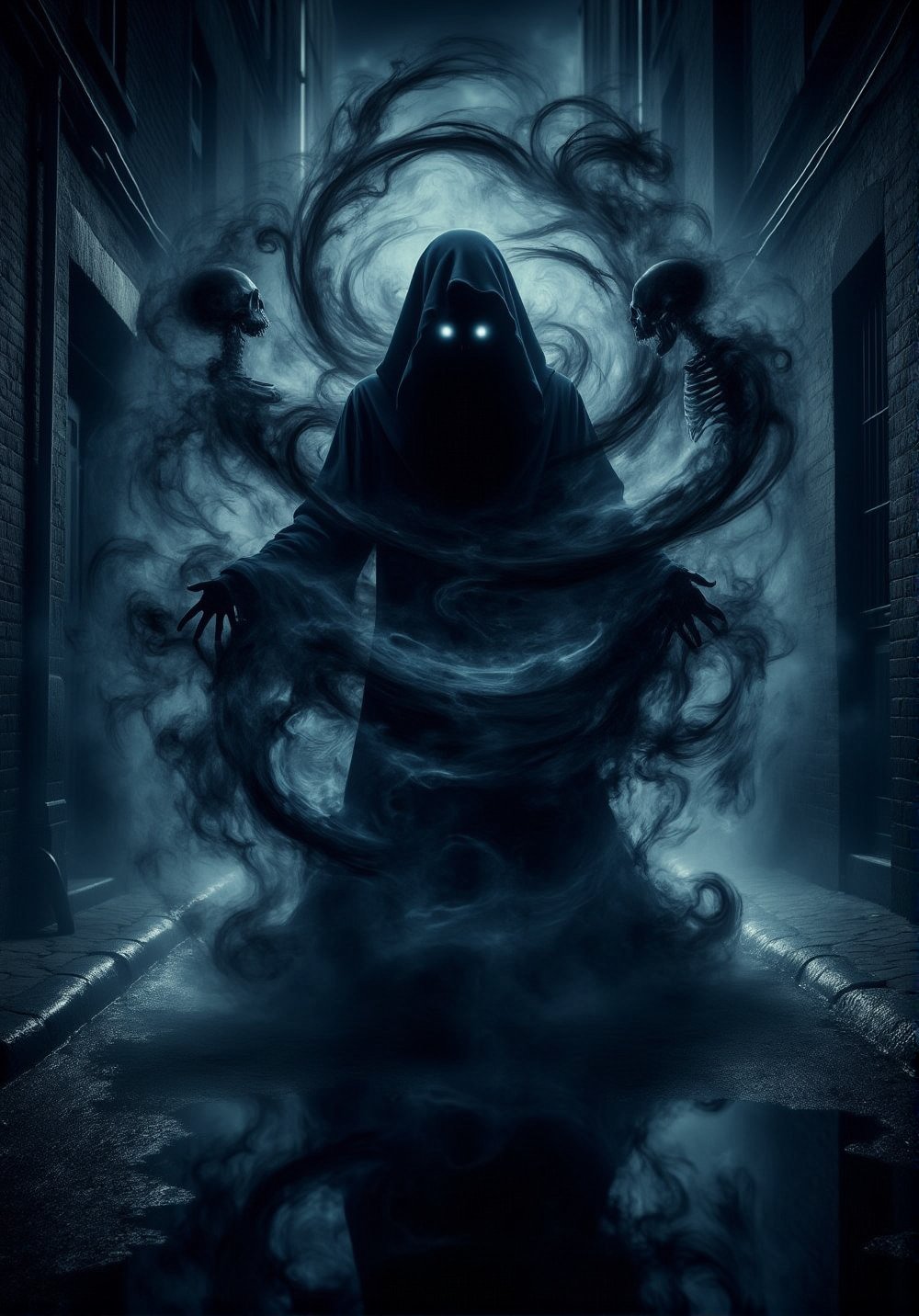 A dark alleyway at midnight, a lone figure shrouded in shadows, eyes aglow with an otherworldly intensity as they conjure forth a swirling vortex of darkness. The sorcerer's robes billow behind them like smoke, as if fueled by the very essence of night itself. Shadowy tendrils writhe and twist, taking form as skeletal constructs that dance at their command, while the air thickens with an aura of foreboding, as if the night itself has become a tangible entity., DarkAura