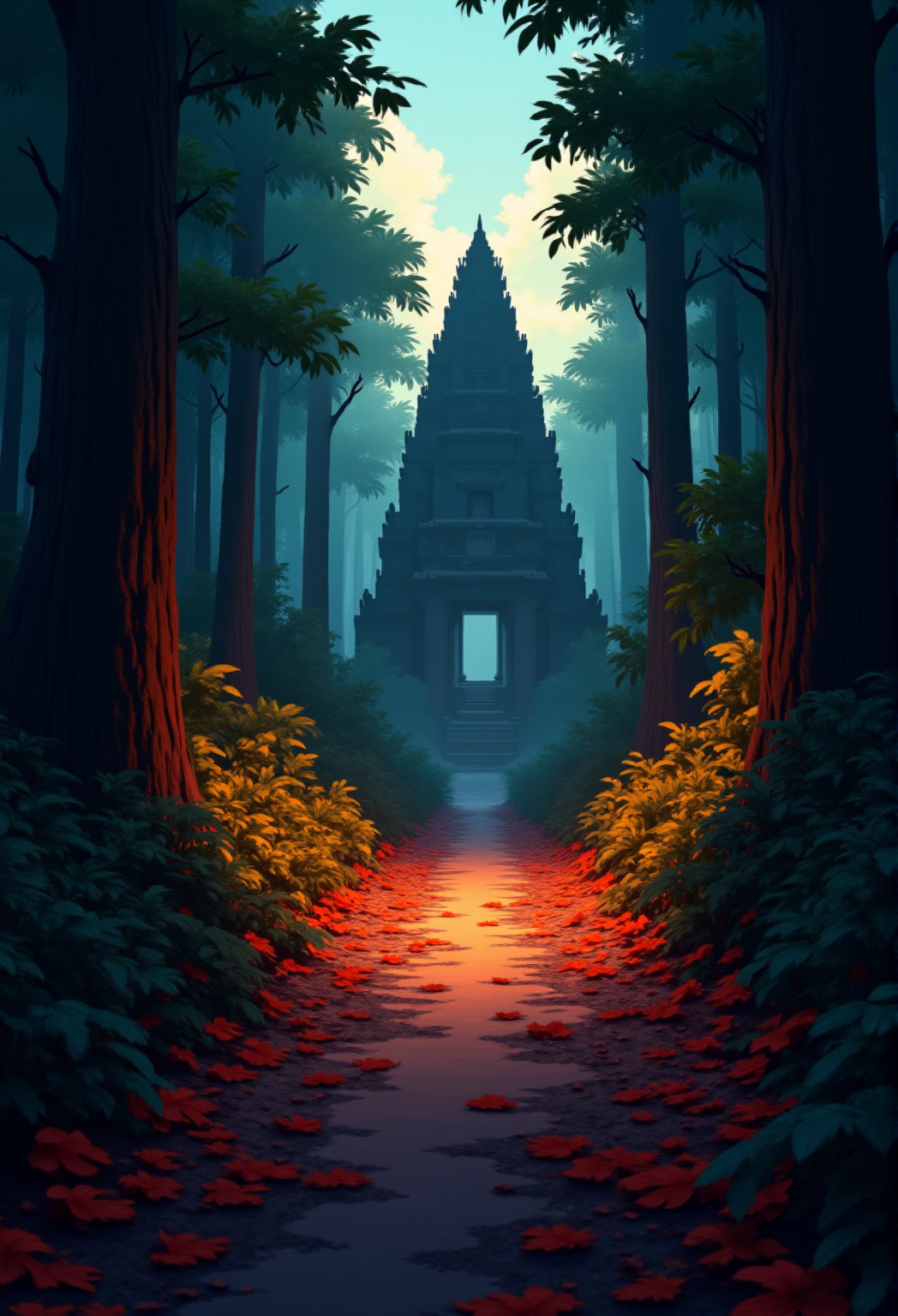 Close-up of a dark, muddy trail littered with fallen leaves, leading into a dense, shadowy tropical jungle with a hidden temple ruin. Enhance the fallen leaves. cartoonish 3D painting