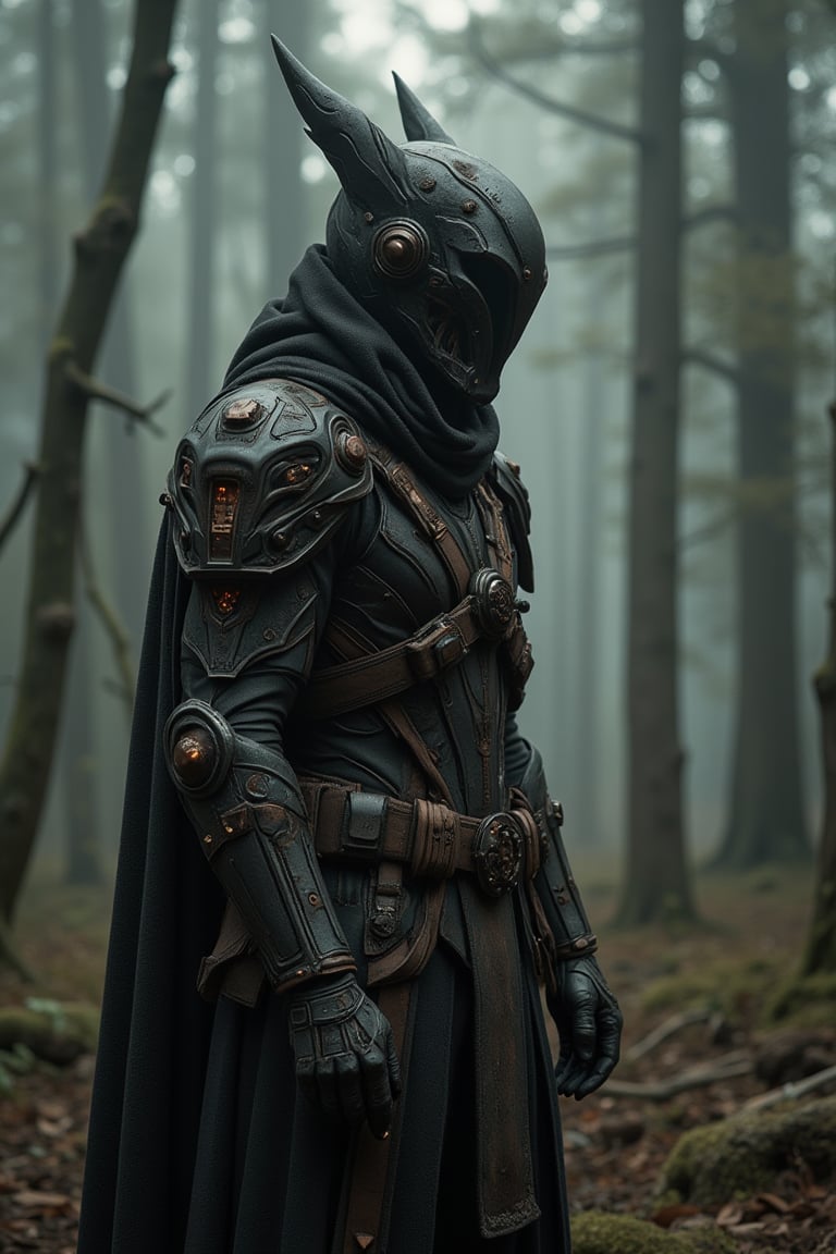 A lone figure emerges from the mist-shrouded forest, clad in rusted, ornate armor that seems to belong to a bygone era. The wanderer's face is obscured by a hood, their eyes fixed on some distant point as they navigate the treacherous terrain. Powerful energies coursing through their veins, yet their mind remains shrouded in mystery, devoid of any recollection of their past or the source of their abilities.