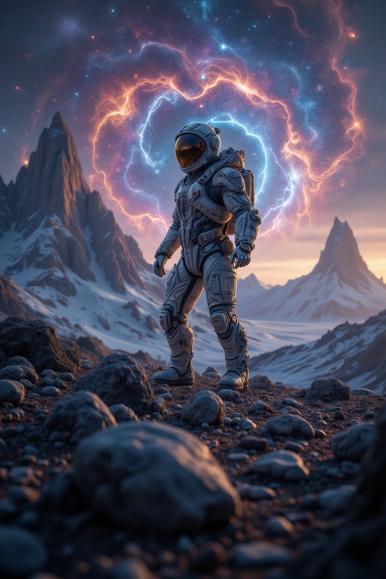 A lone astronaut exploring the surface of an alien planet, towering mountains in the distance under a swirling, colorful nebula-lit sky.