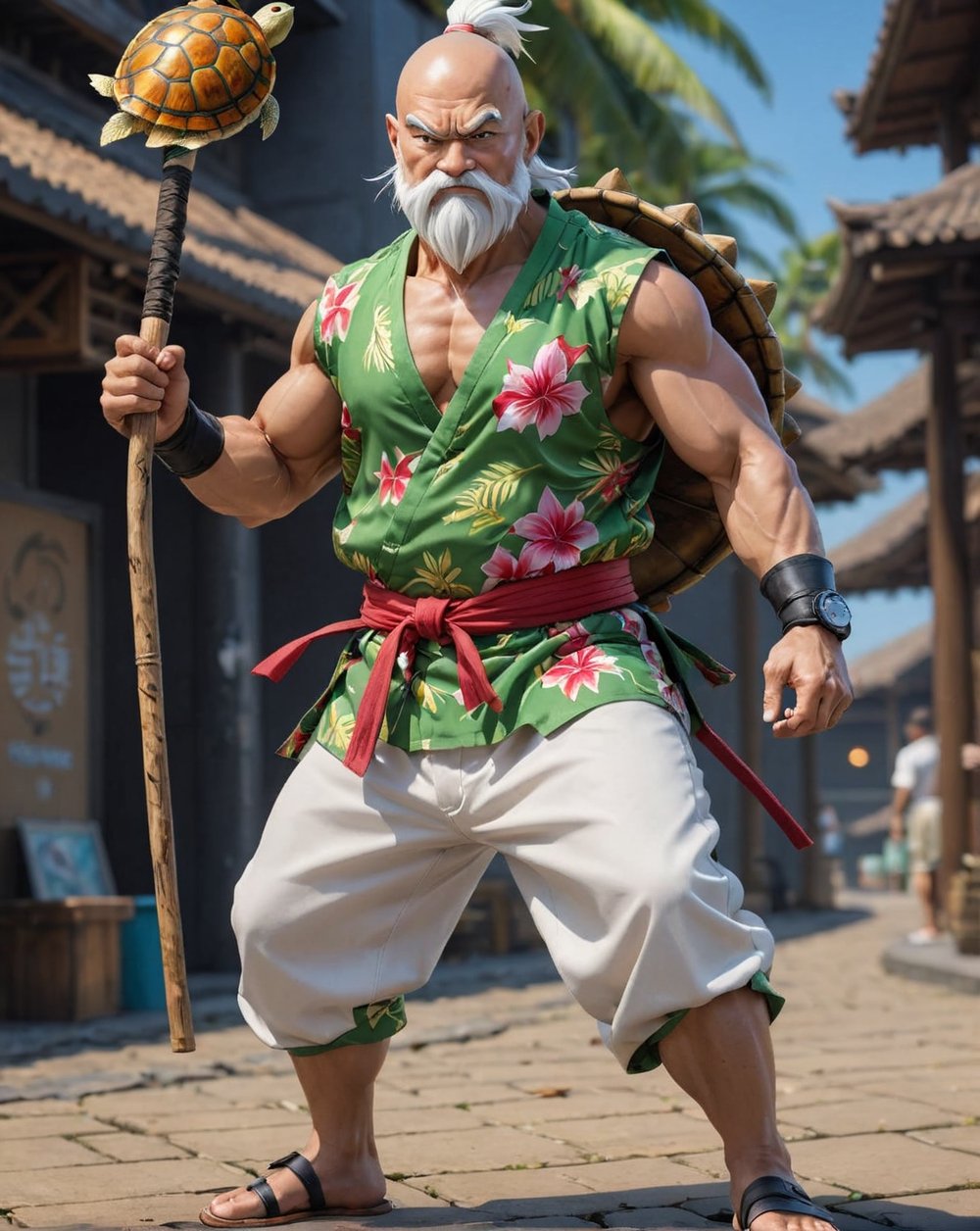 Full_body, Realistic photo of Master Roshi, Reference anime Dragon Ball, He wearing a ((casual holiday hawaiian shirt)), ((white short pant and wearing)) a (((Turtle Shell on his back))). He usually holding a turtle wizard wooden stick. fighting pose, futuristic background, highly detailed, high resolution, intricate details, action_pose, kung fu stance, best quality, masterpiece, , MikieHara,ABMavatar, anime,cyberpunk style, 