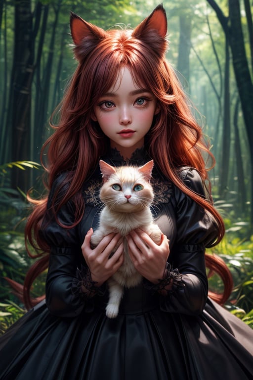 best quality, detailed face, full figure, a half-hybrid girl holding a cat, she has ears like a cat and a tail like a cat, the rest of her body is human, she has beautiful red hair, a beautiful symmetrical face with an innocent cut, she is in the forest, she has beautiful black eyes, wearing a elegant black long dress, she is with other animals, glowing particle,
symmetrical, vibrant, style artwork, highly detailed CG, 8k wallpaper, beautiful face, full scene, full body shape