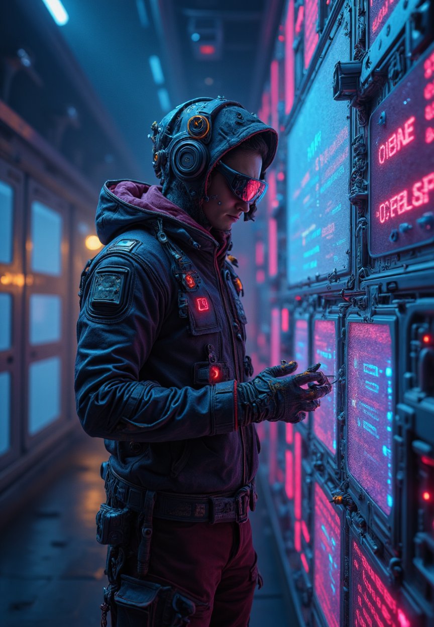 A cyberpunk hacker, in neon-drenched clothing, surrounded by holographic screens and glowing data streams, hacking into a corporate system.