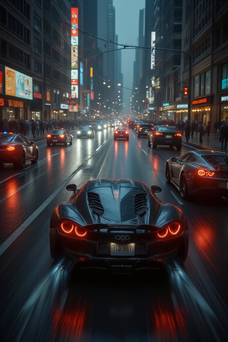 Nighttime chase through a metropolis: Skilled thieves speed through the city in sleek luxury supercars, their tires screeching as they drift around corners amidst skyscrapers with reflective glass that blur in the background. Rain-soaked streets glisten with neon reflections from streetlights and billboards, amplifying the high-stakes atmosphere as police pursuit gains intensity from a ground-angle shot perspective.