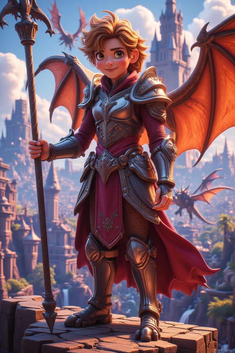 Design a powerful dragon knight, blending anime aesthetics with high fantasy. The character should wear ornate, dragon-themed armor with wings extending from their back. Their weapon should be a massive lance, crackling with magical energy. The character should stand on a cliff overlooking a vast, war-torn battlefield, with a dragon companion flying above.