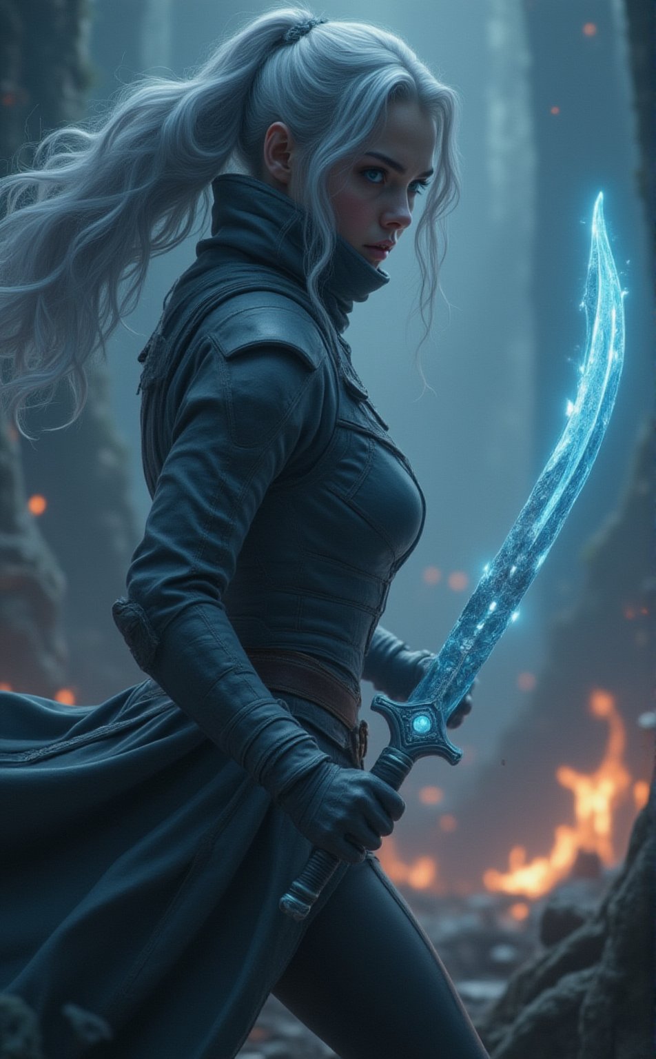 A majestic silver-haired warrior assumes a fierce fighting pose, radiating power as she wields a shimmering transparent glass crystal sword. The dynamic composition captures her in mid-stride, with the crystal sword's gentle glow illuminating her determined expression and striking a bold contrast against the surrounding environment.