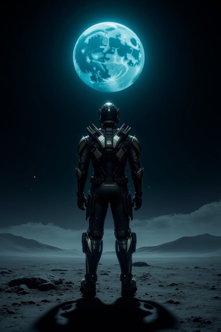 Cybernetic Space Armored Hero stands tall on the lunar surface, illuminated by the stark moonlight. His gaze is fixed on the radiant Earth, its blue and green hues glowing brightly in the distance. The hero's suit shines with metallic sheen, contrasting against the desolate moon terrain. In the foreground, a subtle gradient of stars twinkles to infinity, as if reflecting the hero's unwavering determination.