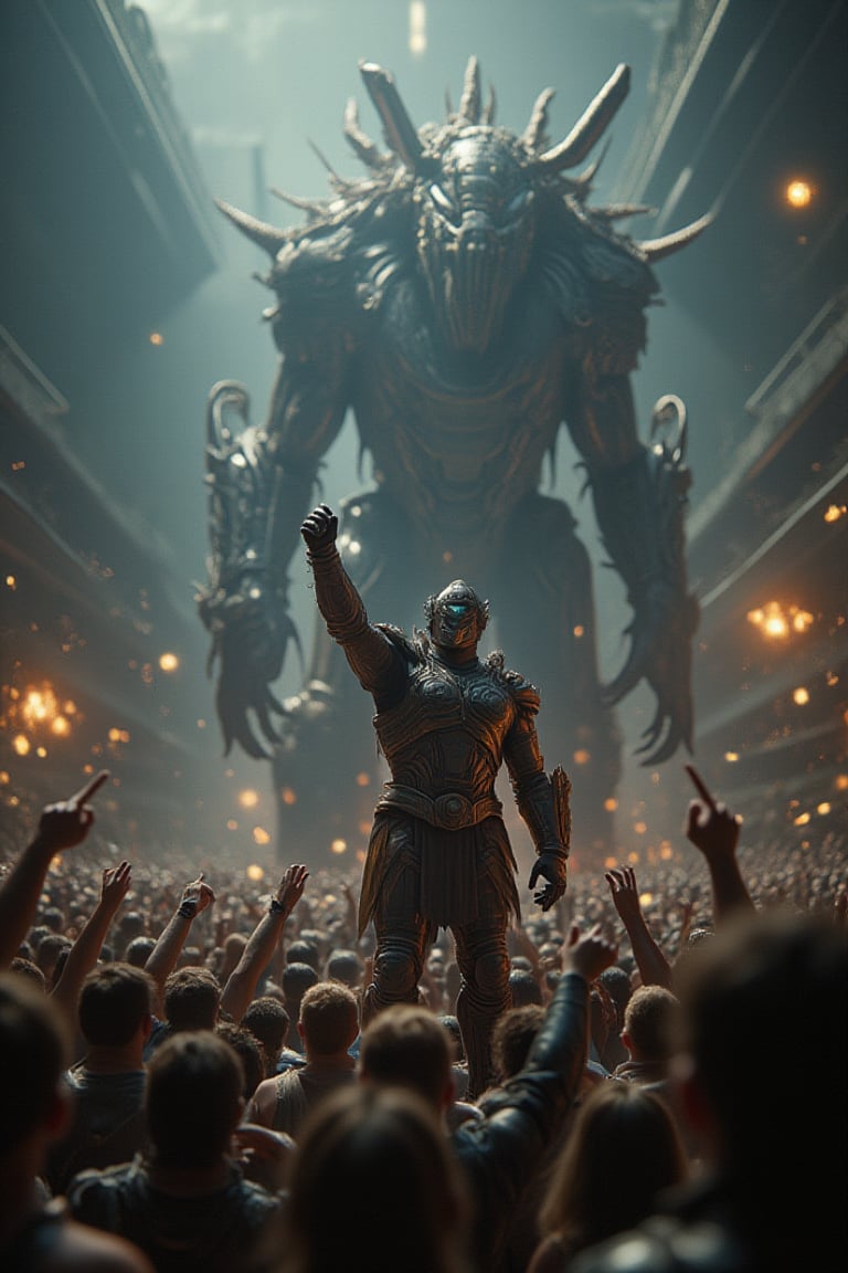 In this electrifying scene, a lone gladiator stands triumphant amidst the chaos, its powered armor gleaming under the blinding lights of the arena. The crowd's roar is deafening as the warrior's armoured hand rises victoriously towards the camera, while in the background, a maelstrom of metal and tentacles unfolds - a behemoth robot spews forth laser beams, as an alien beast with razor-sharp claws lunges forward to strike.