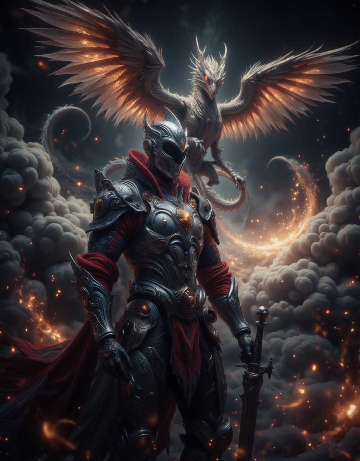 A majestic armoured knight stands vigilantly, adorned in gleaming steel and crimson trim, as a mighty guardian dragon rises behind him. The knight's gaze is fixed on the horizon, his hand grasping a sword hilt, while the dragon's wings spread wide, illuminating the darkening sky with fiery hues. The foreground showcases the knight's imposing figure, set against a dramatic background of clouds and flames.,FluxBoost,The Guardian DRagon,Fantasy detailers,Midjourney_Whisper,Fantasy detailers 