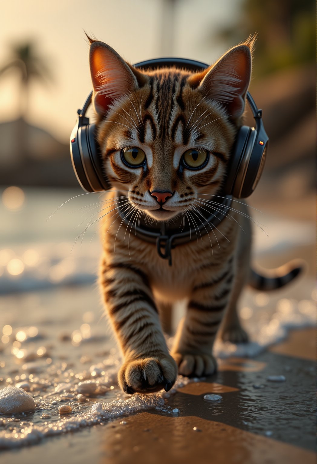 A close-up shot of a curious cat wearing a sleek headset, its whiskers twitching as it walks along the sandy beach, waves gently lapping at its paws. The warm sunlight casts a golden glow on the feline's fur and the headset's metallic exterior, while the surrounding palm trees provide a subtle background.FluxBoost,Fantasy detailers,HeadsetXmiya