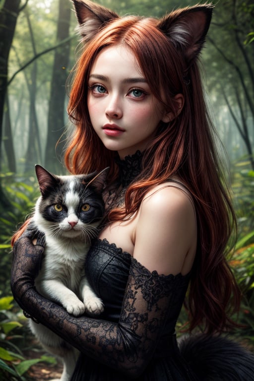 best quality, detailed face, full figure, a half-hybrid girl holding a cat, she has ears like a cat and a tail like a cat, the rest of her body is human, she has beautiful red hair, a beautiful symmetrical face with an innocent cut, she is in the forest, she has beautiful black eyes, she is with other animals, glowing particle,
symmetrical, vibrant, style artwork, highly detailed CG, 8k wallpaper, beautiful face, full scene, full body shape, high_res, closed up,