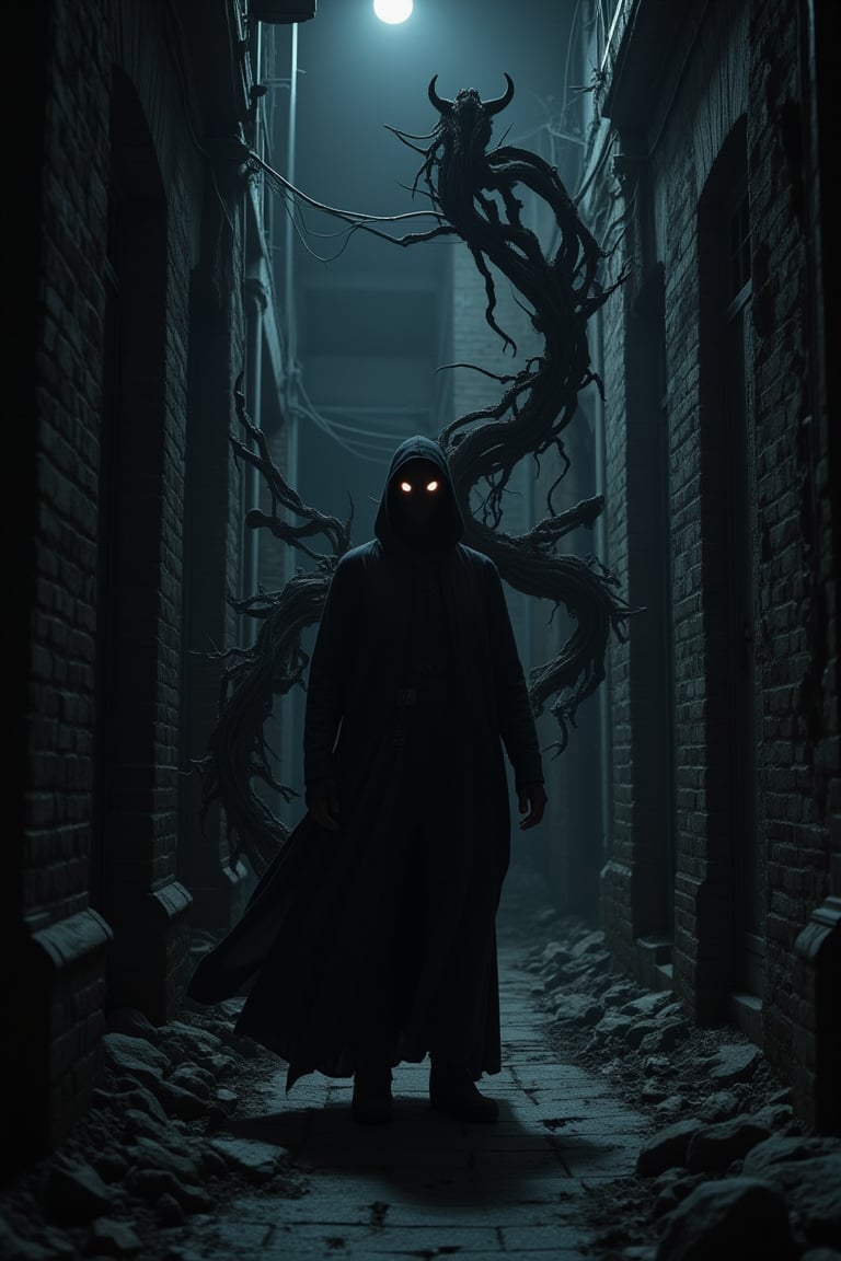 A dark alleyway at midnight, a lone figure shrouded in shadows, eyes aglow with an otherworldly intensity as they conjure forth a swirling vortex of darkness. The sorcerer's robes billow behind them like smoke, as if fueled by the very essence of night itself. Shadowy tendrils writhe and twist, taking form as skeletal constructs that dance at their command, while the air thickens with an aura of foreboding, as if the night itself has become a tangible entity.