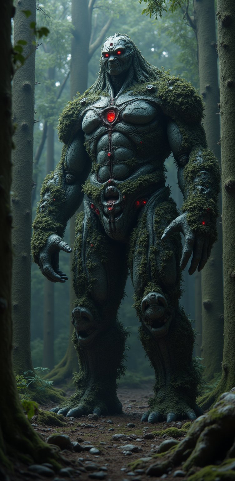 A Forest of Stone Giants, Motionless Yet Alive: Enormous (stone giants stand frozen in a dense forest), moss and vines creeping over their (cracked forms). red gems stone on chest. Their eyes glow faintly as if waiting for the right moment to awaken.