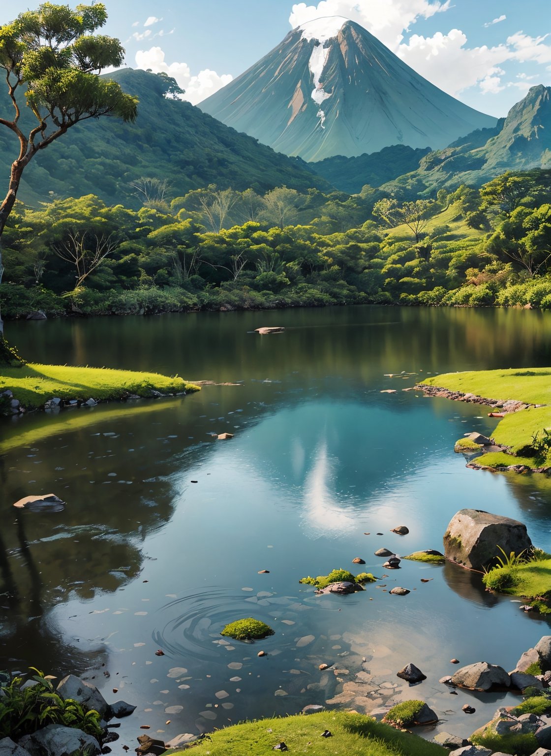 ilustrasi gambar, gunung tersergam indah, tasik yang luas, perkampungan kecil, suasana berangin, gelap, malam, telah definisi yang sangat terperinci, ultra tinggi, resolusi tinggi, (karya agung),