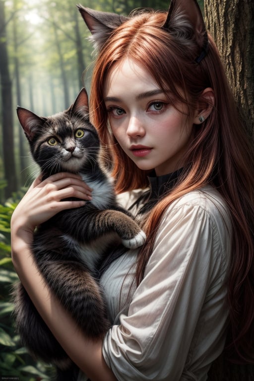 best quality, detailed face, full figure, a half-hybrid girl holding a cat, she has ears like a cat and a tail like a cat, the rest of her body is human, she has beautiful red hair, a beautiful symmetrical face with an innocent cut, she is in the forest, she has beautiful black eyes, she is with other animals, glowing particle,
symmetrical, vibrant, style artwork, highly detailed CG, 8k wallpaper, beautiful face, full scene, full body shape, high_res,