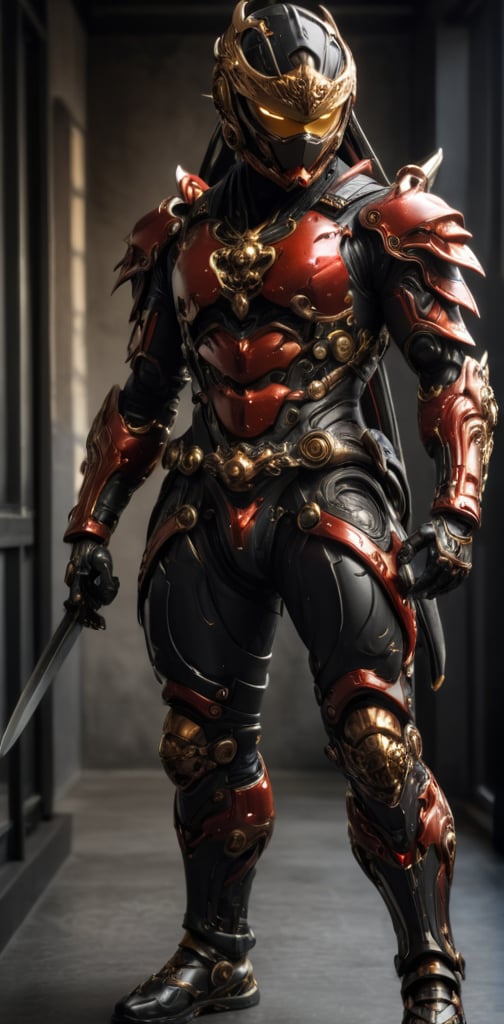 a ultimate ninja king wearing advanced Nanosuit exoskeleton, advanced CryFibril, high tech techware design elements, techware ninja mask, in the style of mamoru nagano + noriyoshi ohrai + frank frazetta, red and black hard porcelien plating, standing, studio lighting, ultra detailed, ultra realistic, dramatic, sharp focus, HDR, remarkable color, intricate detailed, (((full_body))), 
,bl1ndm5k,Nanosuit exoskeleton