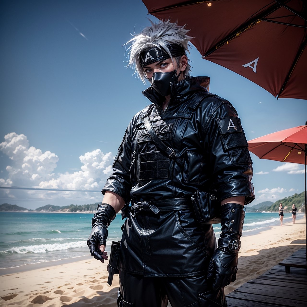 (masterpiece), full_body,1man, spiky hair, white hair, wearing fit tactical ninja flak jacket, leather tactical ninja full mouth mask, leather gloves, and his (((tactical headband with a letter ("A") symbol))), scenery, (at beach background), sparkle, Kakashi Hatake