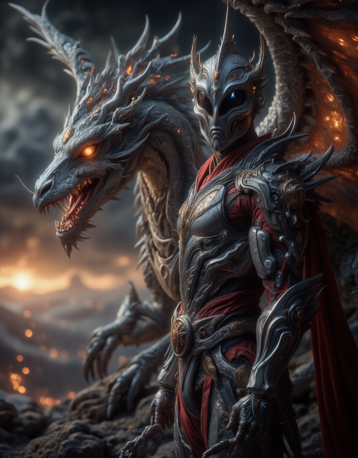 A majestic armoured knight stands vigilantly, adorned in gleaming steel and crimson trim, as a mighty guardian dragon rises behind him. The knight's gaze is fixed on the horizon, his hand grasping a sword hilt, while the dragon's wings spread wide, illuminating the darkening sky with fiery hues. The foreground showcases the knight's imposing figure, set against a dramatic background of clouds and flames.,FluxBoost,The Guardian DRagon,Fantasy detailers,Midjourney_Whisper,Fantasy detailers 