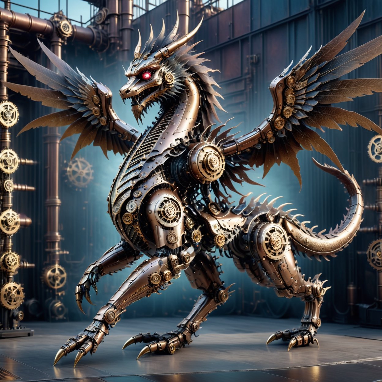 solo, steampunk bronze Chinese dragon robot have pair of wings, steampunk gear accesories, gears, gauge, chinese new year, at steampunk city background, highly detailed, high quality, hyper realistic, with dramatic polarizing filter, sharp focus, HDR, UHD, 64K, remarkable color, ultra realistic, cyberpunk style, steampunk style, AbmSTPD