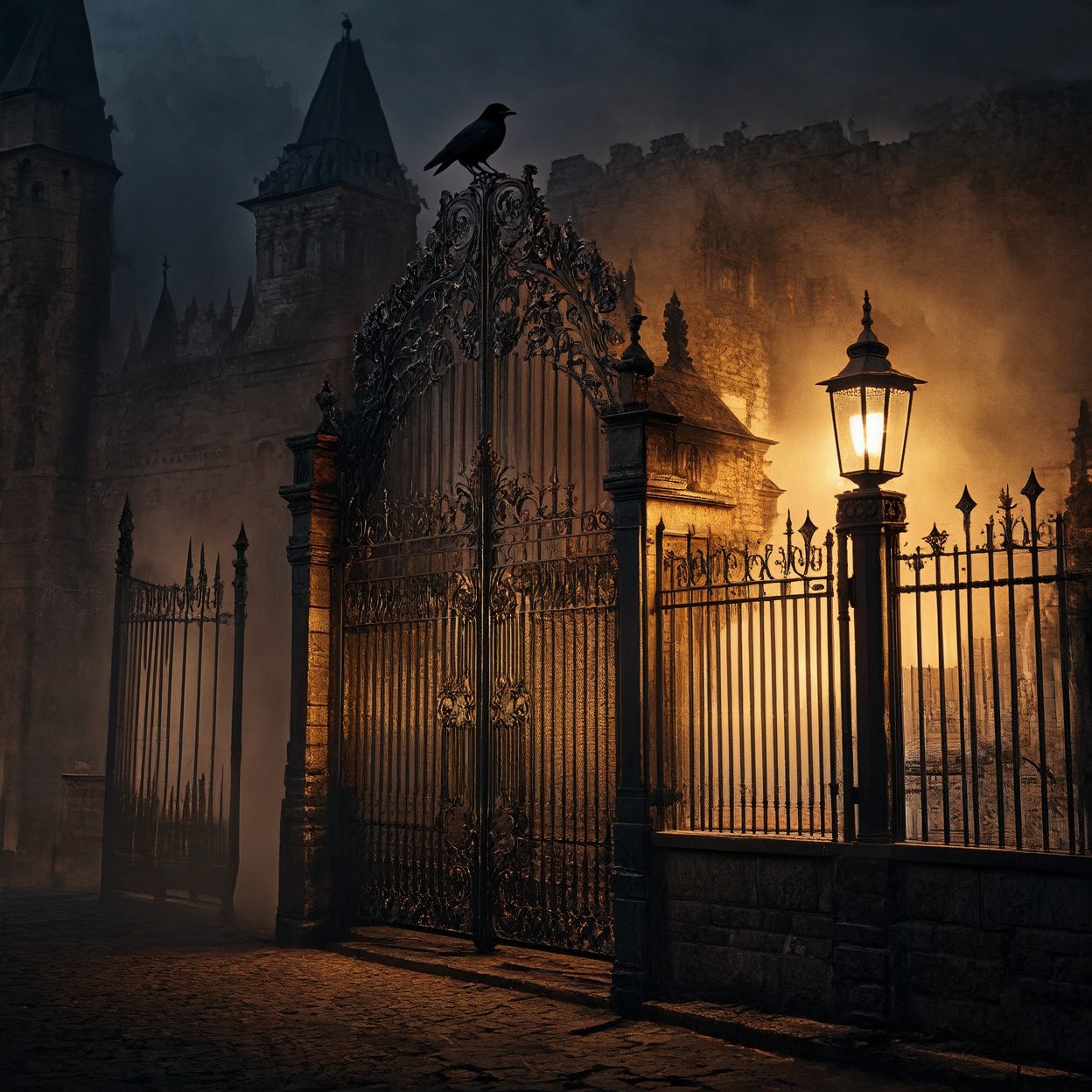 In the dead of night, a mysterious raven perches atop the gate of a foreboding gothic castle, its dark silhouette illuminated by the warm, golden glow of a flickering lantern. Fog swirls in the background, shrouding the scene in an eerie mist. The camera's sharp focus captures every detail of the raven's feathers and the intricate stonework of the gate, as if suspended in time. The studio lighting accentuates the dramatic contrast between light and dark, while the remarkable color palette evokes a sense of mystery and foreboding.