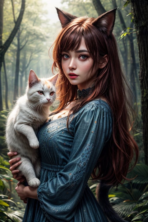 best quality, detailed face, full figure, a half-hybrid girl holding a cat, she has ears like a cat and a tail like a cat, the rest of her body is human, she has beautiful red hair, a beautiful symmetrical face with an innocent cut, she is in the forest, she has beautiful black eyes, she is with other animals, glowing particle,
symmetrical, vibrant, style artwork, highly detailed CG, 8k wallpaper, beautiful face, full scene, full body shape, high_res, blue dress,