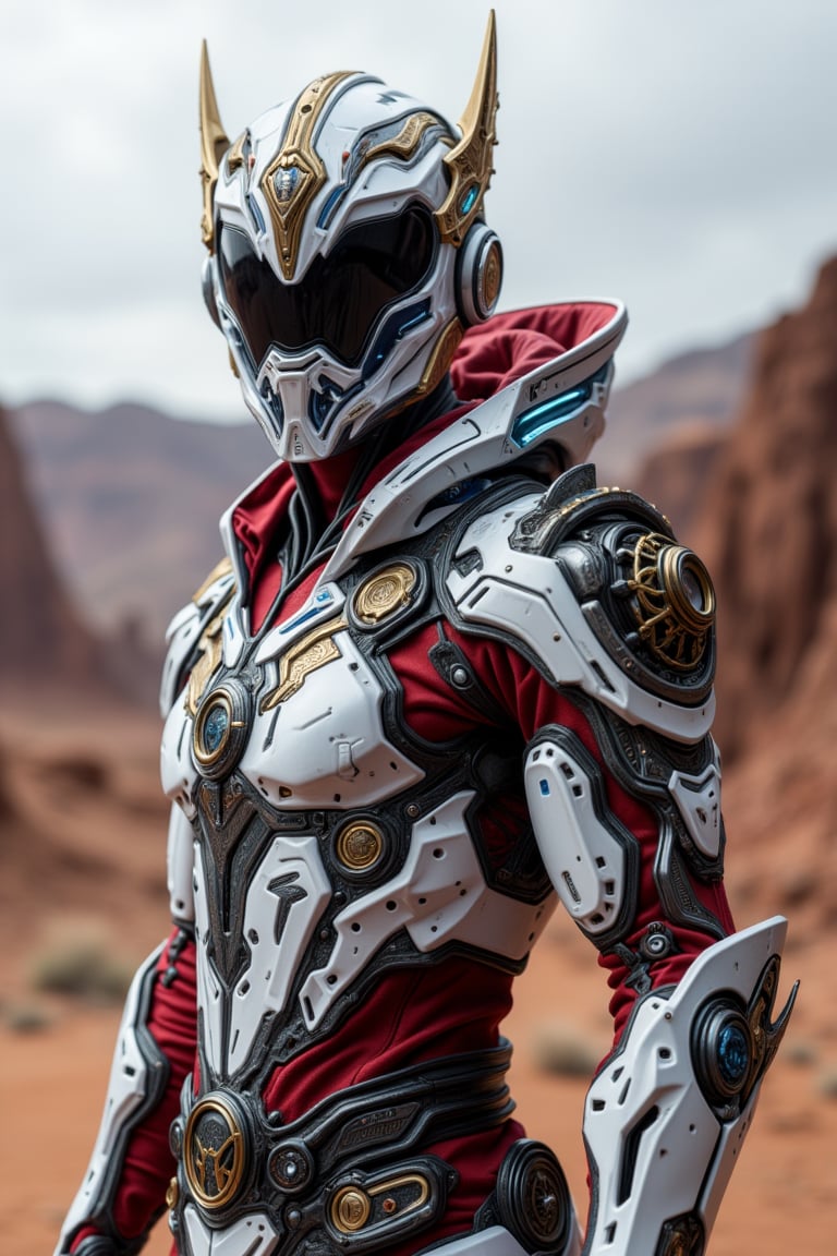 In a breathtaking 8x-UltraSharp upscaling ultra-realism portrait of wide full body image of a male character protagonist, wearing a detailed, apex techwear futuristic half white and red armor, semi-armored suit, apex high-tech mask helmet and a visor, and a sleek belt with a black and gold pegasus emblem, metallic textures, glowing blue highlights, standing heroic against a desert canyon background. intricate details, ultra-realism details, 32k, Super High definition, Vibrant Colors, Ultra Smooth, ultra-realism, cinematic shot, dreamwave, aesthetic,power armor