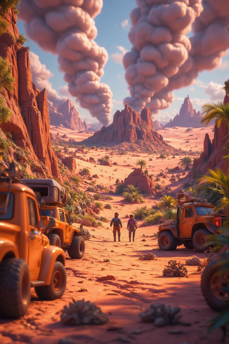 3d cartoon art Illustrate A post-apocalyptic desert landscape, with rusted vehicles half-buried in the sand, a massive sandstorm approaching in the distance, and survivors scavenging for supplies.