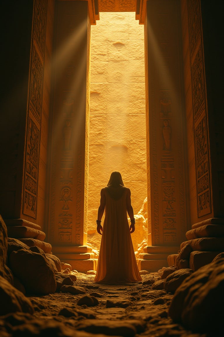 In a cinematic low-angle shot, the camera gazes up at a secret chamber within an ancient pyramid. The wall behind is adorned with intricate hieroglyphics, symbols of mystique and power. The air is thick with fantasy and adventure as the subject stands proudly, bathed in warm golden light. Every detail is meticulously rendered: high-contrast textures, crisp landscape features, and sharp focus from foreground to background. The image bursts with ultra-realistic clarity, a true masterpiece of epic fantasy art.