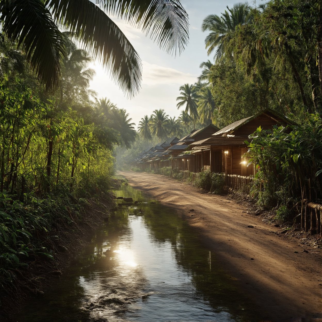 A super ultra clear HD HDR hyper-realistic and hyper-detailed photography, low angle shot of a detailed thailand tradisional wooden village houses, plants and bush, coconut trees, dirt road, tiki bamboo fance with miniature flowers, river. cinematic, hyper-realistic, enhanced reflections,  fading light, megapixel cinematic lighting, anti-aliasing, vignette, film grain, SFX, VFX, CGI, RTX, SSAO, FKAA, TXAA, HD HDR, depth of detail, rendered with octane render for realistic lighting and shadow, no blurry, with 12 billion parameters for clarity, texture, and detail.  hyperrealistic,
