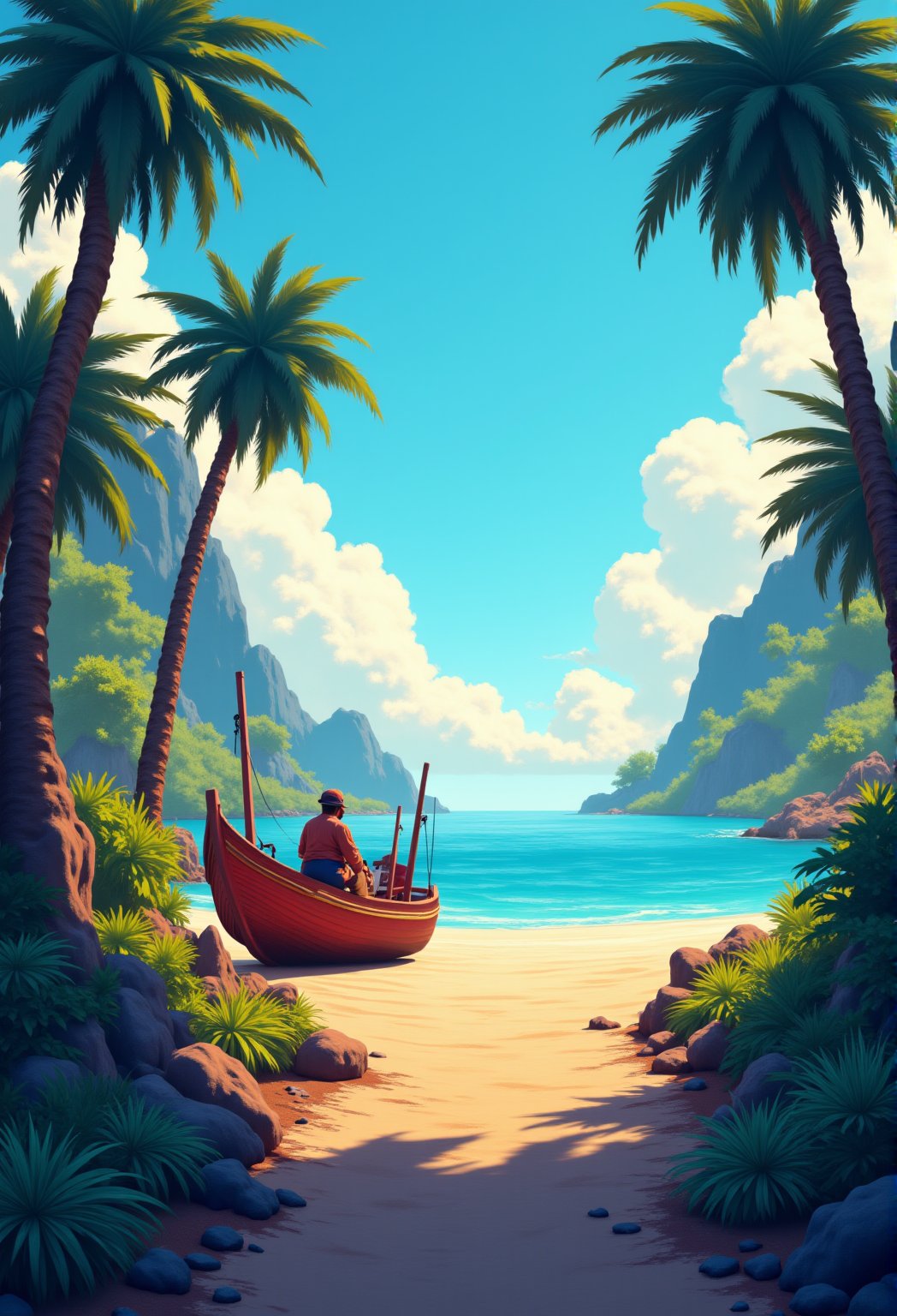 A tropical island beach, surround by palm trees, a fisherman boat abord beside a beach. cartoonish 3D painting