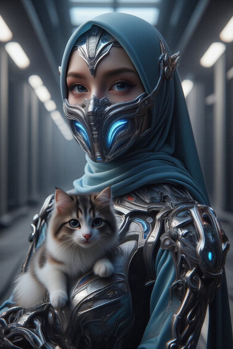 Close-up shot of a futuristic hijabi woman standing confidently in a sleek, high-tech environment. Her half-body view reveals a stunning cyan-colored jubah suit adorned with metallic gunmetal armor plates, encasing her torso. A mouth mask and protector headband complement the outfit, exuding a sense of resilience. In her hand, she cradles a black and grey cybernetic cat, its glowing blue eyes seeming to pulse in sync with her determination.