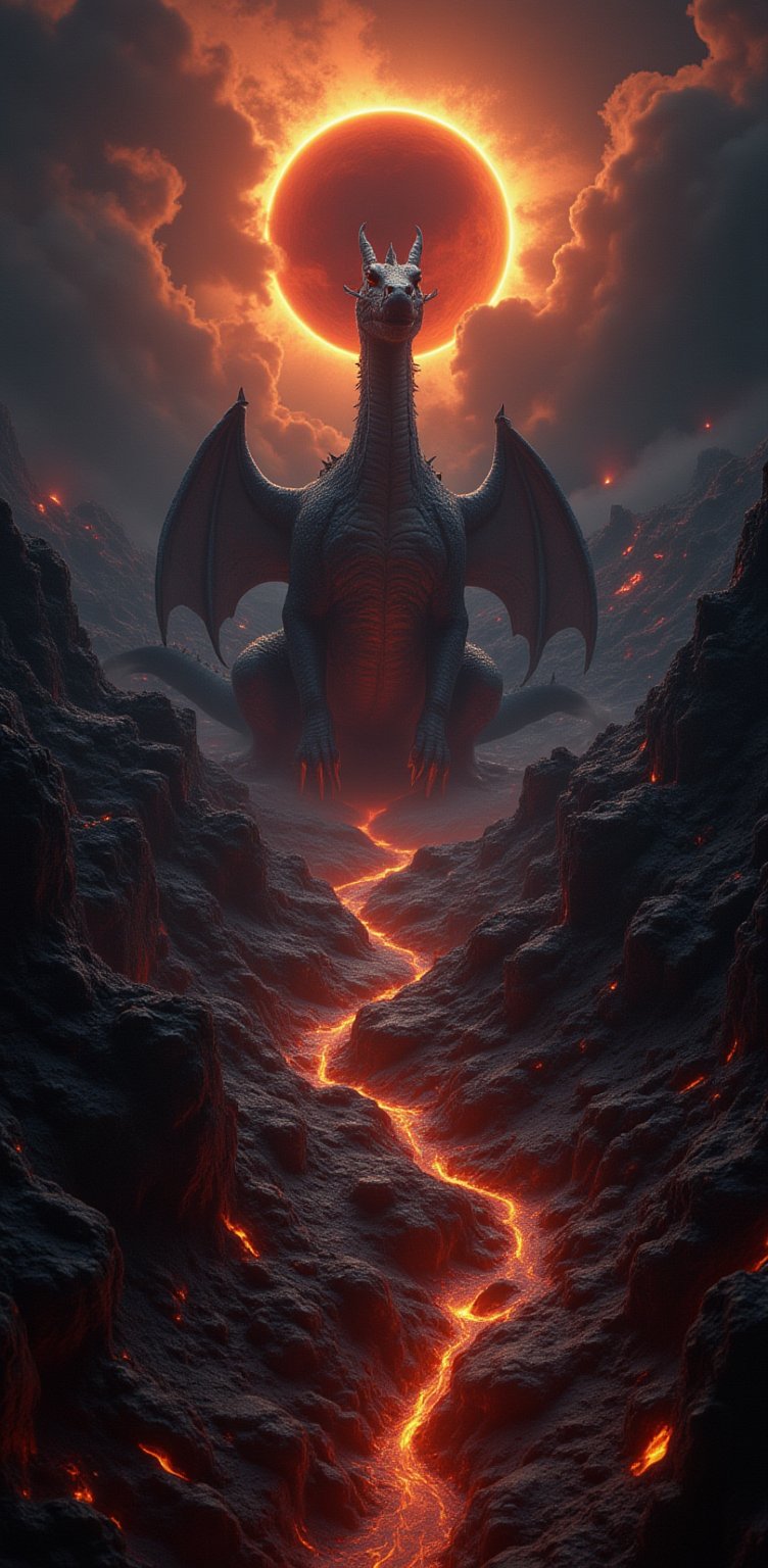 A Dragon Emerging from a Volcano During an Eclipse: A volcanic landscape with rivers of molten lava flowing through jagged rock formations. A massive dragon with obsidian scales rises from the volcanic crater, silhouetted against a solar eclipse.