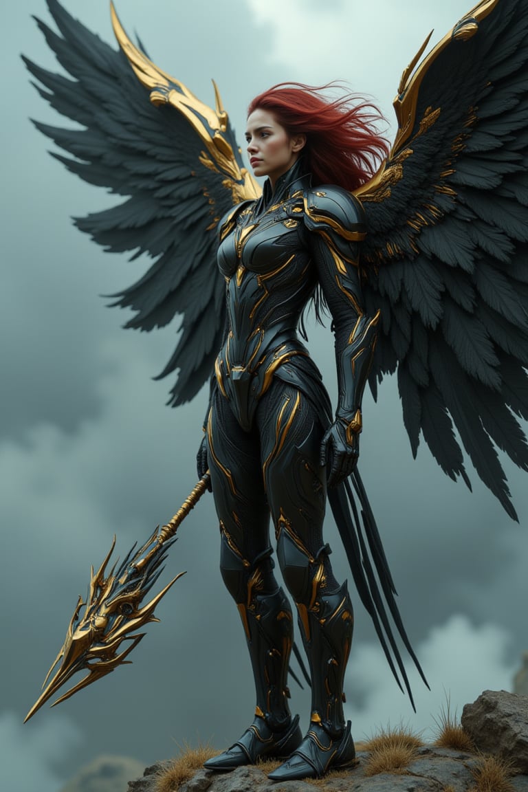 full_body, a young beautiful girl wear a VALKYRIE archangel armored suit, standing cofidently on top of mountain cliff, her (((large, intricately high-tech mecha feathered metal wings))) spread wide as if shielding the viewer from the turbulent weather. The archangel's armor glints with an oil-painted sheen, its intricate details and folds expertly rendered in shades of metallic black carbon fibre and gold steel. (((holding a huge black and gold intricate magic wand))). Her piercing gaze, dark red hair, seems to defy the raging storm, as if calling forth a mighty reckoning.hyperrealism, realistic portrait, photography, true color, subtle lighting, cinematography, Canon EOS R5, RF 85mm, ISO 300, vibrant color, more real realistic, volumetric clear intricate hyper details, volumetric clear texture, clear HD background, ultra HD realistic resolution, realistic shadow, epic fantasy character art, movie still, dramatic shadow, analogue diffusion style, CGSociety, Unreal Engine, Blender rendering, game cinematic, no smoke, mist, or fog, remove blur and noise, Angelic Knight