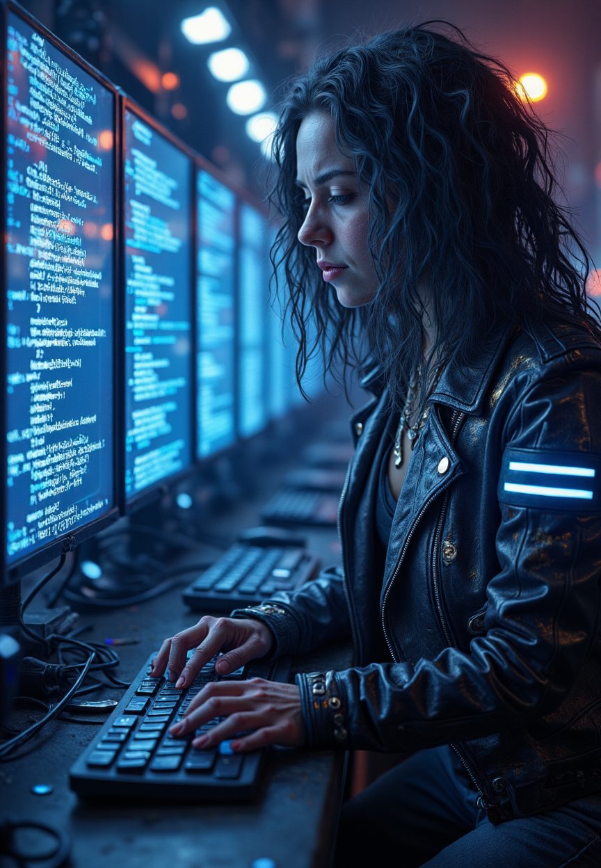 Close-up shot of a lone figure, 'Zara', dressed in ripped leather jacket with neon stripes, jeans with metallic accents, and glowing blue tattoos, amidst a maze of holographic screens displaying code streams like aurora borealis. Flickering fluorescent tubes cast an eerie glow on her determined face as she rapidly taps away on a sleek black keyboard, eyes fixed on the screen as she navigates through corporate firewalls.