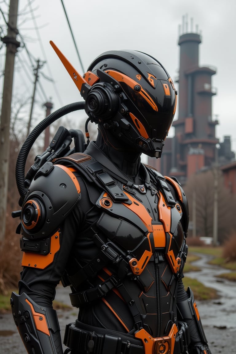 A hyperrealistic photography of a cinematic dark fantasy scene with a black and orange high-tech techware mecha, worn and rusty armour, (((cybernatic mask))), standing by a huge, strange, odd, rusty modern retro factory on oddly land. The background depicts an oddly, abandoned, overgrown dystopian farmer town with dim weather, a dark post-apocalyptic world setting. inspired by artists like Simon Stalenhag, Frank Frazetta, Beeple, Greg Rutkowski, Yoko Taro, Christian Macnevin, Wlop, and Krenz Cushart. The scene includes epic fantasy character art, volumetric outdoor lighting, high fantasy elements, captured with a wide dynamic view, dynamic-angle shot, hyperrealistic, midjourney realistic, photography, hyperdetailed, clear hyperdetailed background, 8k, ultra clear resolution, perfect composition, perfect lighting & shadows, hyperrealistic texture, iso:100.ek_real_b00ster, F-GVA Armour Suit,cyberhelmet