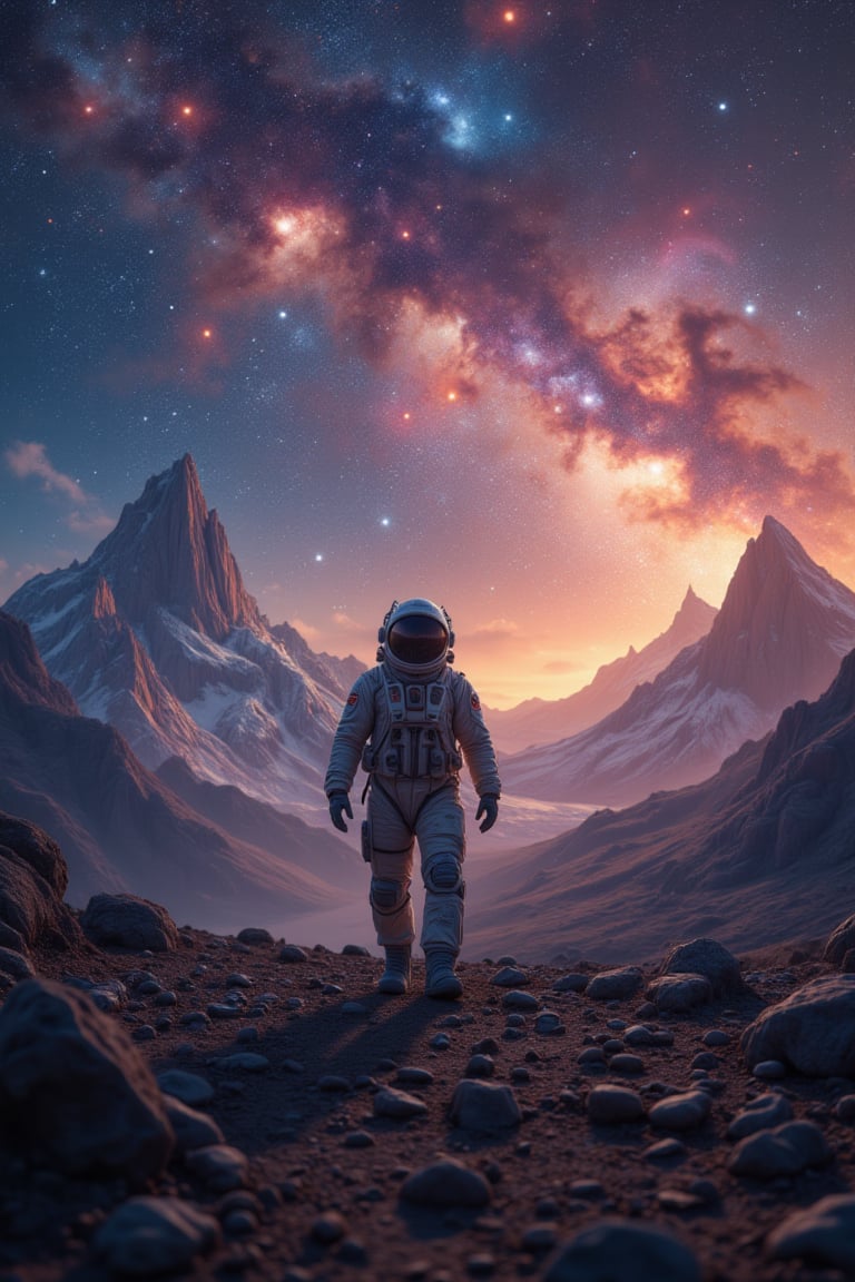 A lone astronaut exploring the surface of an alien planet, towering mountains in the distance under a swirling, colorful nebula-lit sky.