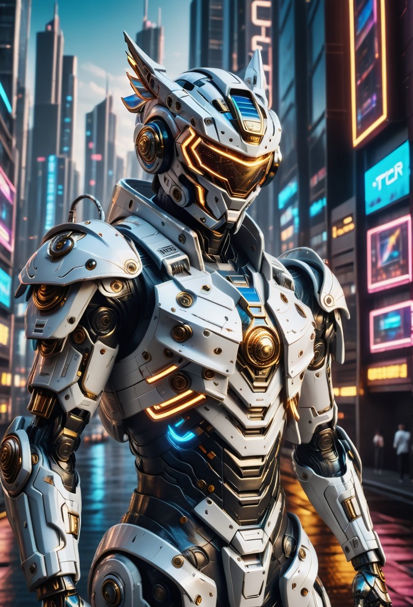 A futuristic cityscape's neon-lit skyscrapers and holographic advertisements form the backdrop for a dynamic solo shot of a young man clad in a white high-tech techwear mecha suit and mecha mask helmet and multicolored mane. highlights his empowering pose amidst the steel and concrete jungle. hyper realistic, with dramatic polarizing filter, vivid colors, sharp focus, 64K, 16mm, color graded portra 400 film, remarkable color, ultra realistic, bl1ndm5k,techware style, (dinamic_pose),cyborg mecha style