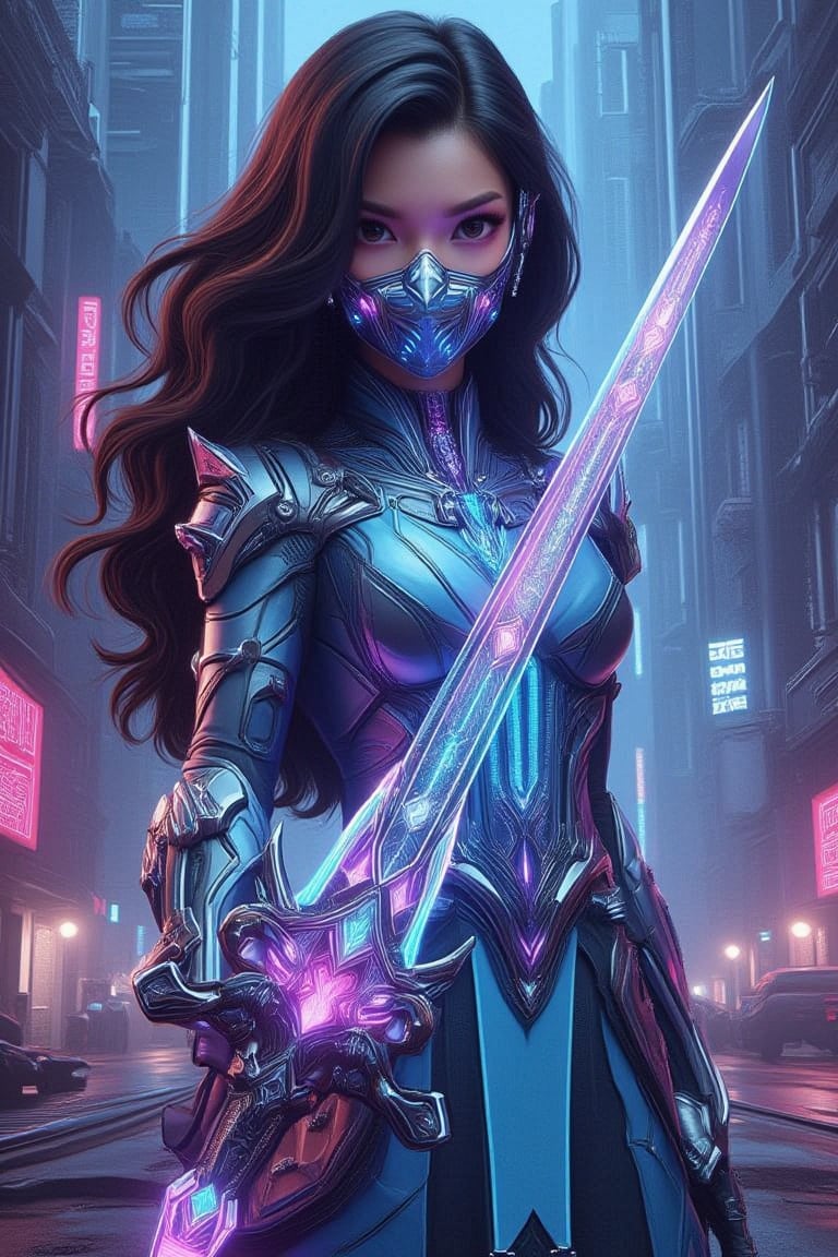 In a vibrant cartoon-style illustration,half_body view of A futuristic cyborg woman, wavy long black hair, donning a modern cyan colour jubah suit with metallic gun metal armor, and mouth mask, with protector headband, stands confidently in a neon-lit cityscape. Her piercing gaze is framed by the glowing lights of towering skyscrapers. In her hand, she wields a massive, an intricate, glowing, shiny light blue and purple cybernetic transparent crystal long sword with an intricate pattern, sleek and long, emitting light,, its facets reflecting the vibrant hues of the urban landscape. The darkened alleys and bustling streets provide a gritty backdrop for this technological warrior's powerful stance.Crystal Sword, Cyborg NH,cartoon art