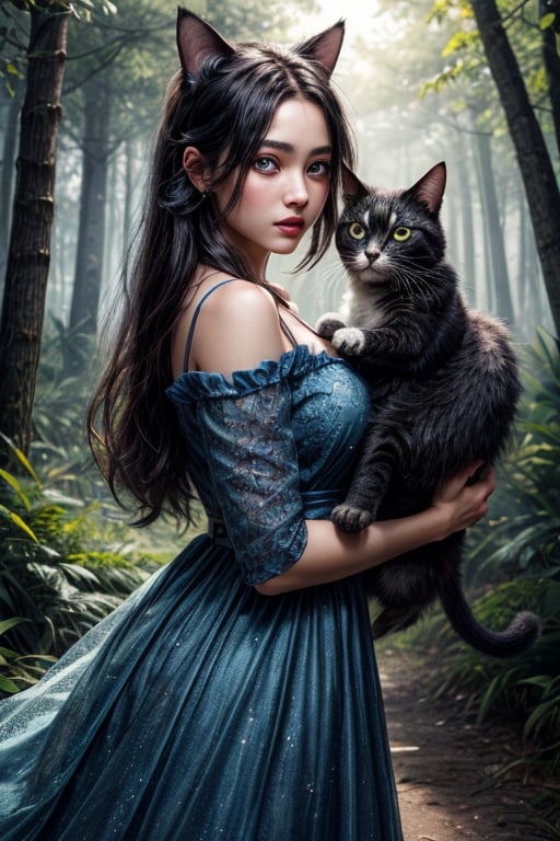 best quality, detailed face, full figure, a half-hybrid girl holding a cat, she has ears like a cat and a tail like a cat, the rest of her body is human, she has beautiful black hair, a beautiful symmetrical face with an innocent cut, she is in the forest, she has beautiful blue eyes, she is with other animals, glowing particle,
symmetrical, vibrant, style artwork, highly detailed CG, 8k wallpaper, beautiful face, full scene, full body shape, high_res, blue dress,