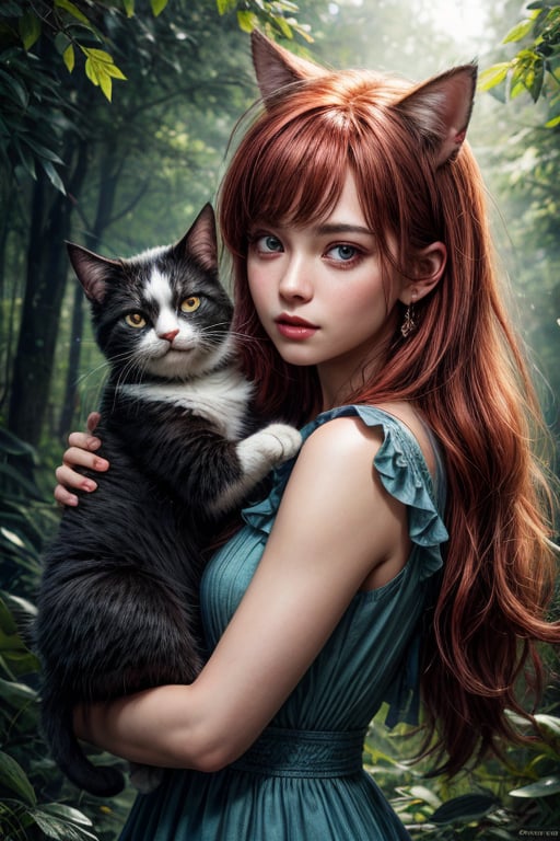 best quality, detailed face, full figure, a half-hybrid girl holding a cat, she has ears like a cat and a tail like a cat, the rest of her body is human, she has beautiful red hair, a beautiful symmetrical face with an innocent cut, she is in the forest, she has beautiful black eyes, she is with other animals, glowing particle,
symmetrical, vibrant, style artwork, highly detailed CG, 8k wallpaper, beautiful face, full scene, full body shape, high_res, blue dress,