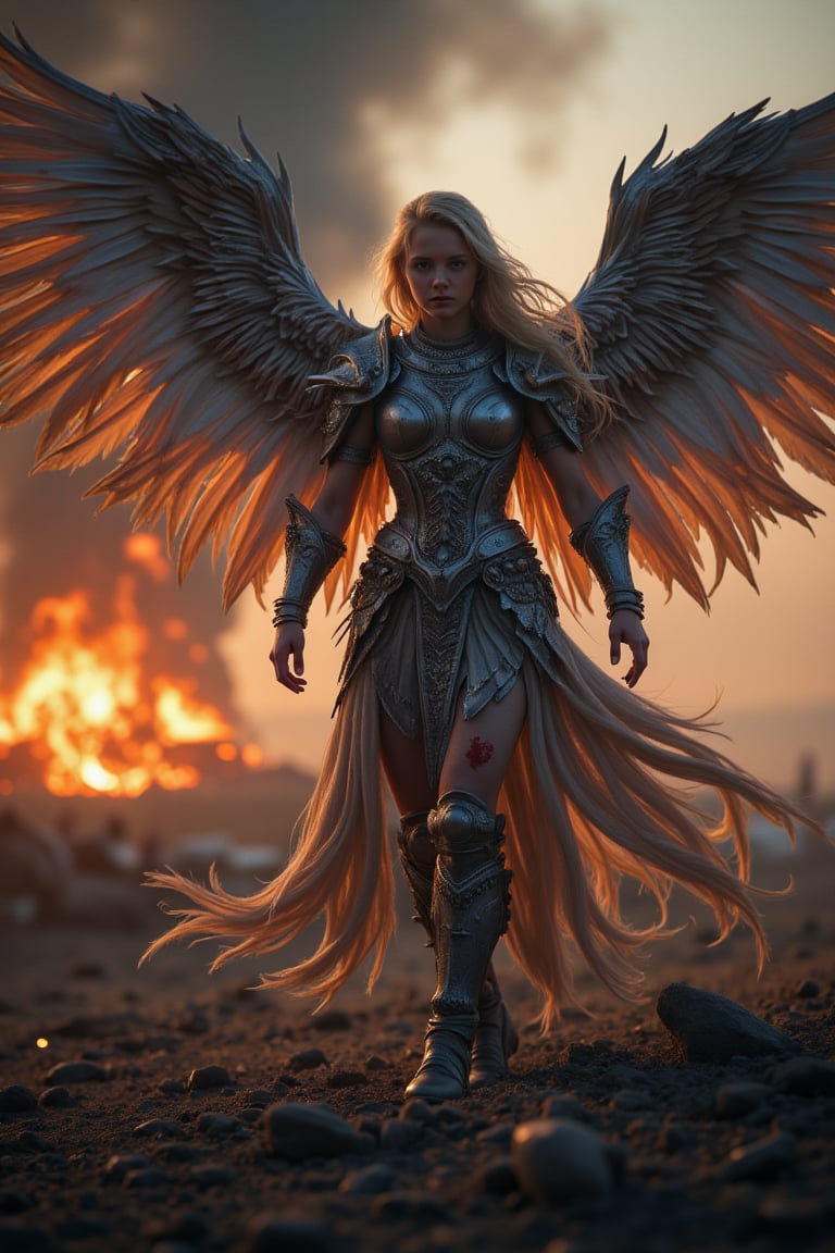 A warrior Valkyrie, her silver armor gleaming under the fading sun, rises from the battlefield. Her wings spread wide, catching the last rays of light, casting a radiant glow. Every feather detailed with precision, bloodstains from battle flecking her armor. The landscape behind her is a burning village, with smoke billowing into the air, blending into the twilight sky.