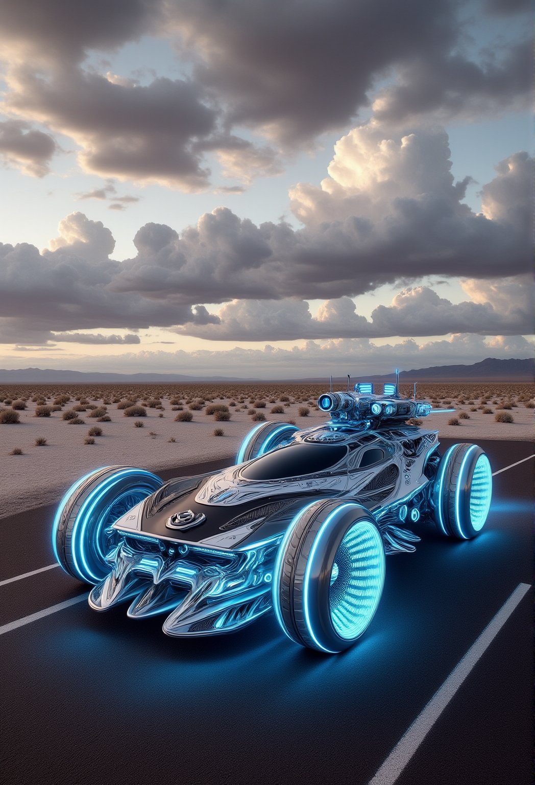 Captured at eye-level on a vibrant day, a sleek, futuristic looking vehicle is parked on a paved road. The vehicle is adorned with blue lights, adding a pop of color to the otherwise monochromatic scene. The car is positioned in a way that creates a striking contrast to the dark road. In the background, a desert landscape can be seen, with a mountain range in the distance. The sky is a mix of gray and white clouds, adding depth to the scene.,Hightech Car