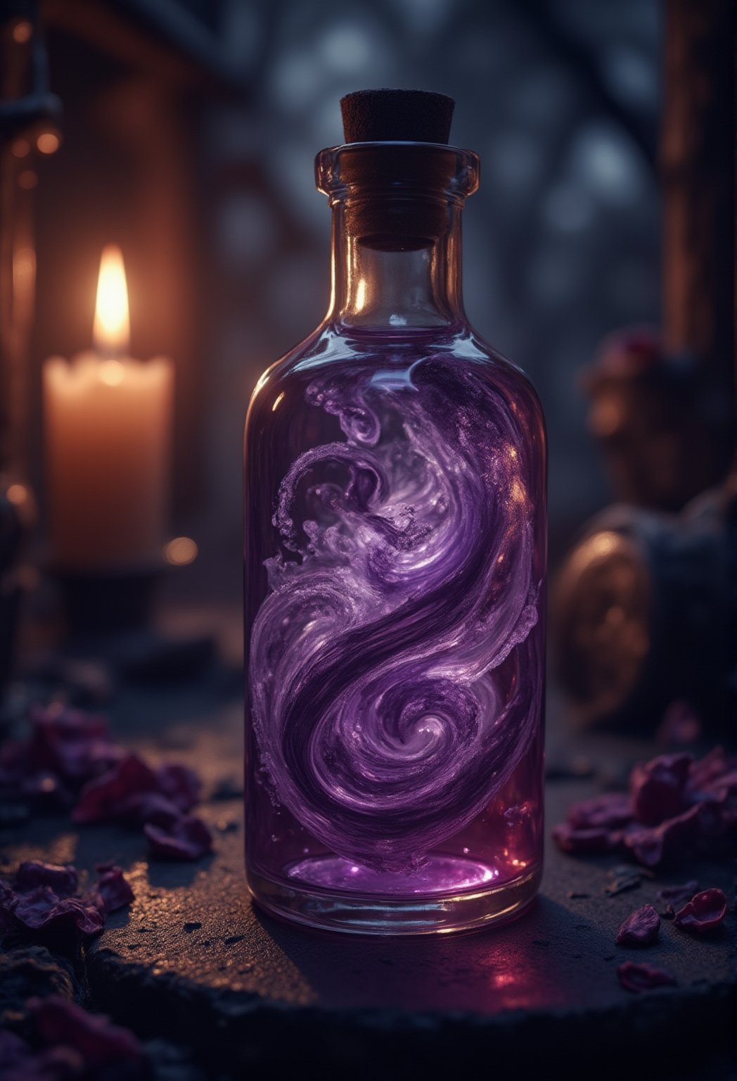 A mystical potion swirls within a delicate apothecary vial, lit by soft, golden candlelight. The amber liquid glows with an ethereal aura, as if infused with the essence of enchanted forest petals. A sprinkle of shimmering silver dust dances at the surface, adding to the allure of this mesmerizing concoction.,FluxBoost,myth Dark Purple SR, DarkAura