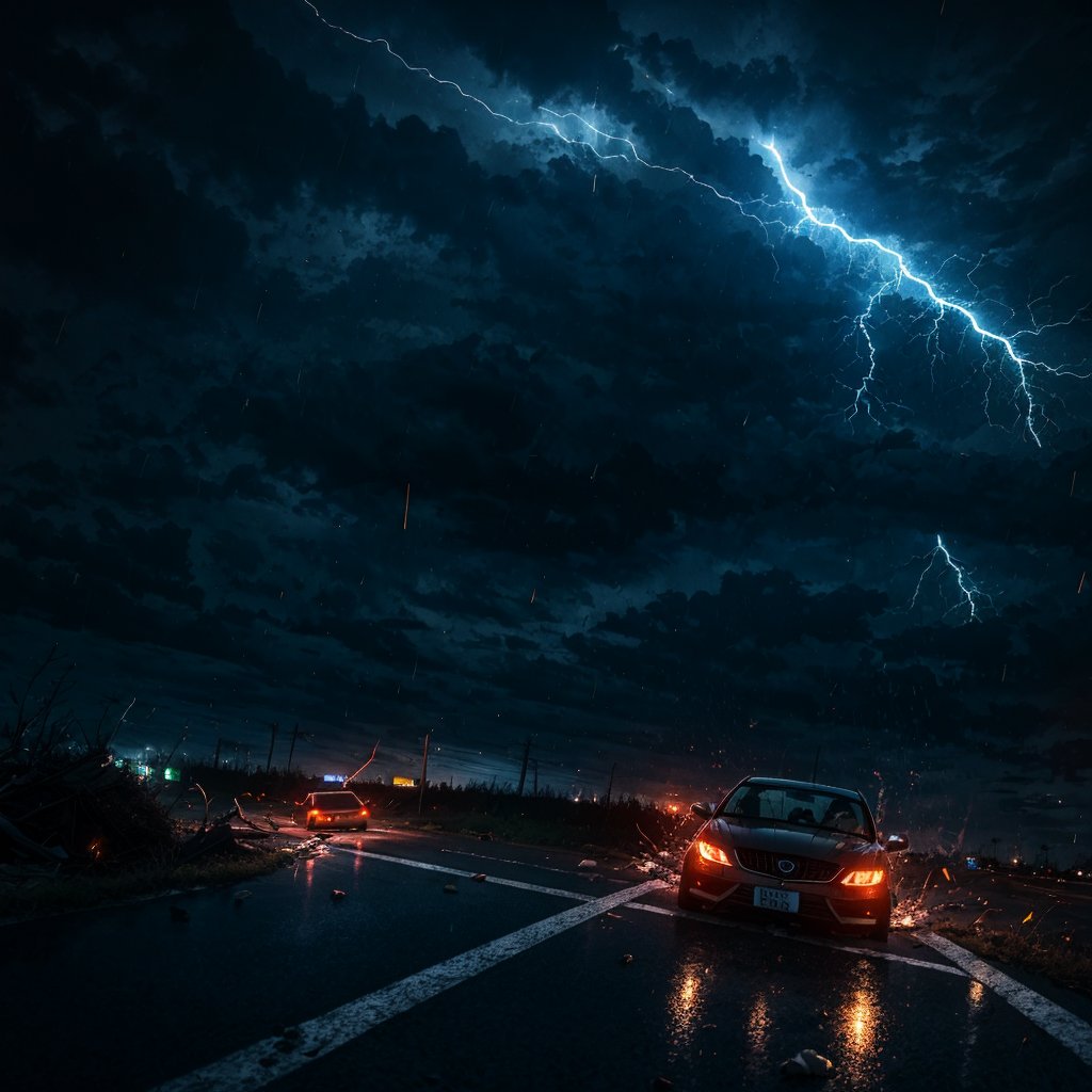 action scene, car chased by tornado, hurricane, flying debris, flying small piece of woods scattered around, broken house, car on road, highway, raining storm, strong wind, masterpiece, realistic, highres, dark atmosphere, dark sky,