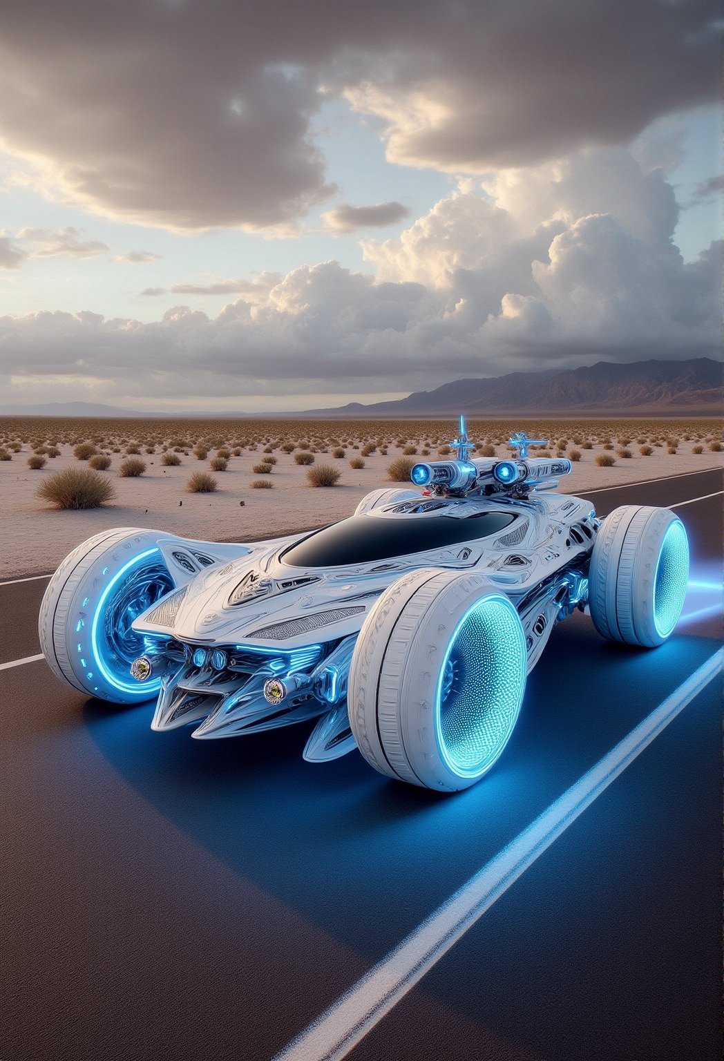 Captured at eye-level on a vibrant day, a sleek, futuristic looking vehicle is parked on a paved road. The vehicle is adorned with blue lights, adding a pop of color to the otherwise monochromatic scene. The car is positioned in a way that creates a striking contrast to the dark road. In the background, a desert landscape can be seen, with a mountain range in the distance. The sky is a mix of gray and white clouds, adding depth to the scene.,Hightech Car